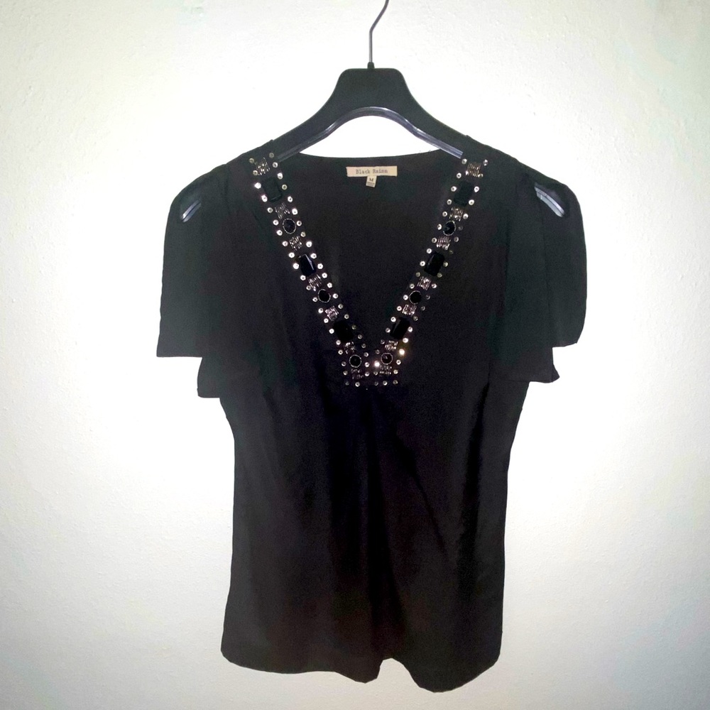 Medium black embroidered v neck blouse
